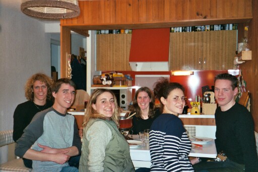 Philippe, Matthieu, Aline, Angelique, Celine, and Thomas at dinner
