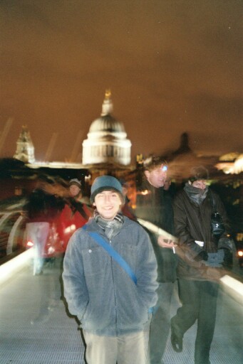 very scary photo of Alex on the Millenium Bridge at night
