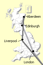 On the map, it looks like the trip was shorter the way we did it, but it would have been faster to fly to Liverpool because the train ride would have been shorter.  PLUS, we would have been on the train earlier in the day if we'd made it to Liverpool by plane.